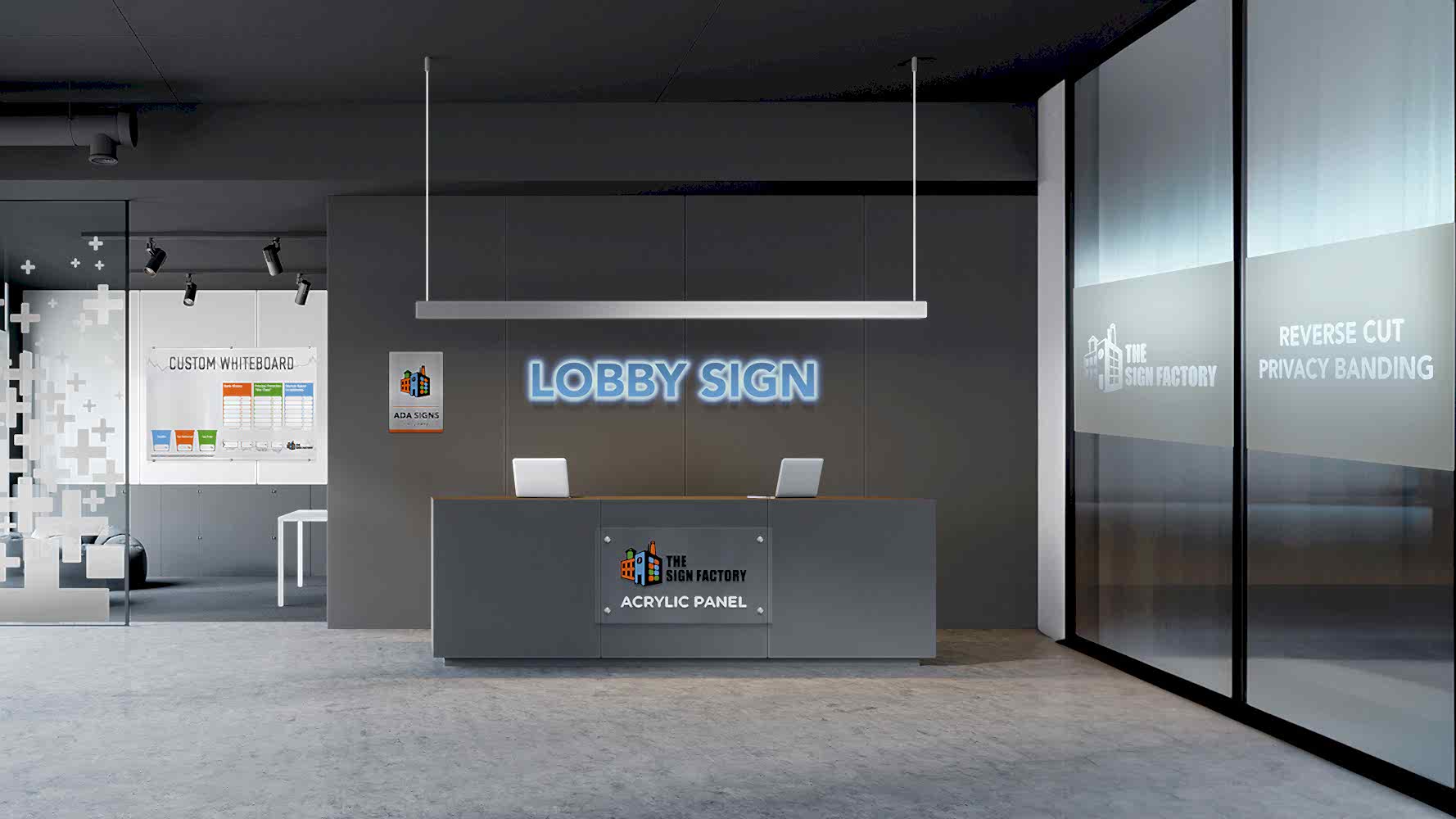 Rendering of different types of interior signage
